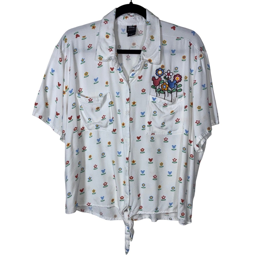 Disney Her Universe Mickey Mouse Floral Tie Front Button Shirt 2X STAIN